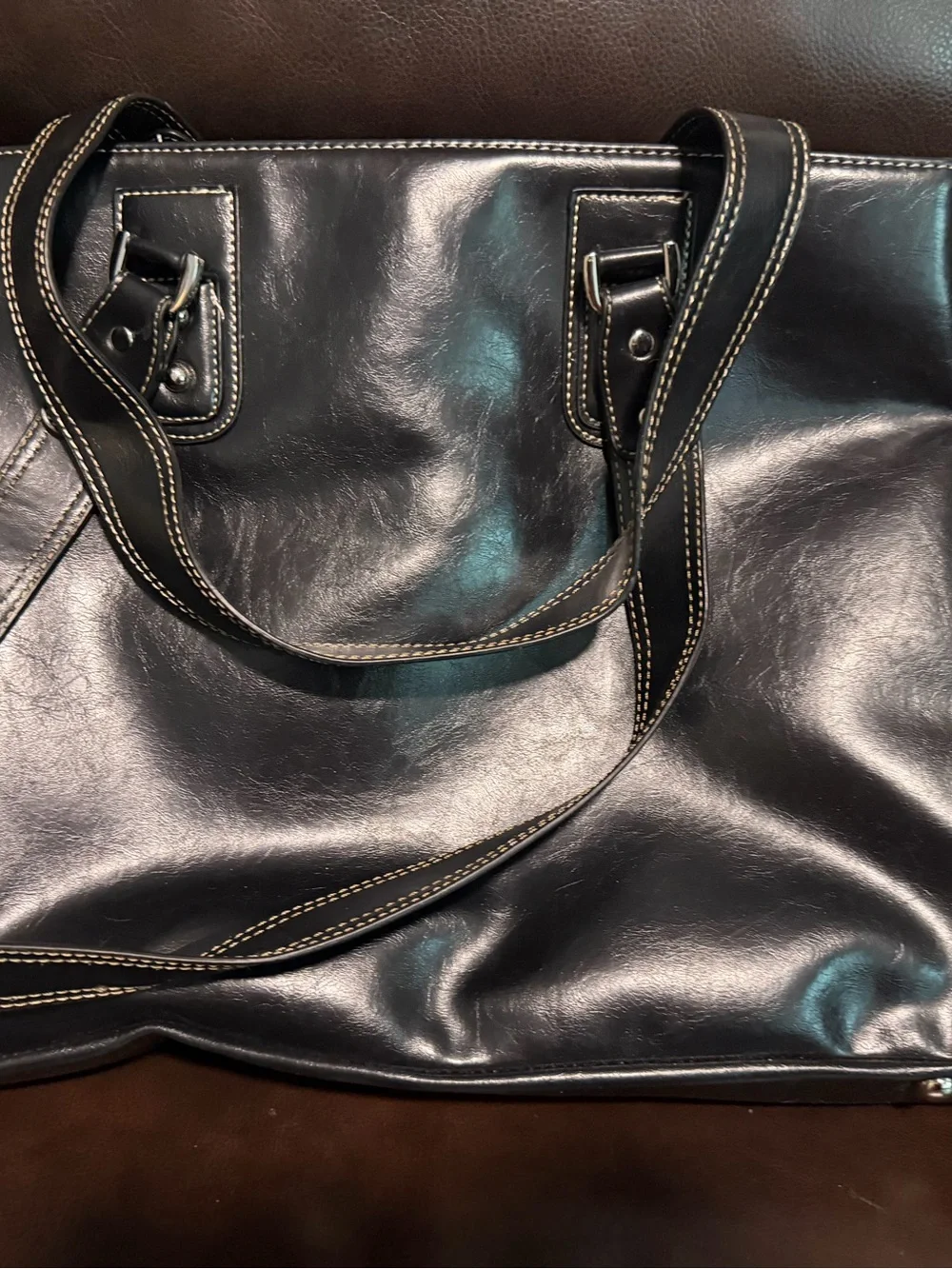 Brand New Franklin Covey Black Leather Laptop Tote with Contrast Stitching